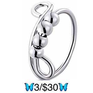 Stainless Steel Silver Tone Adjustable Open Wrap Around Style Fidget Bead Ring